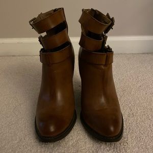 Western-Style Triple Buckle Stacked Brown Booties